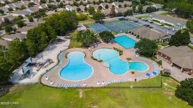 drone / aerial view with a residential view