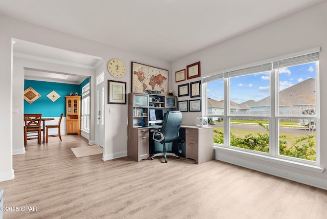 office with light wood-style floors, baseboards, and ornamental molding