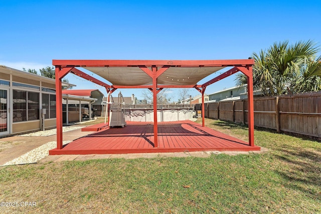 exterior space featuring a lawn, a pergola, and a fenced backyard