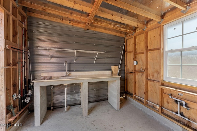 interior space featuring wooden walls and a sink