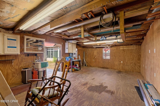 basement featuring a healthy amount of sunlight, wood walls, and a sink