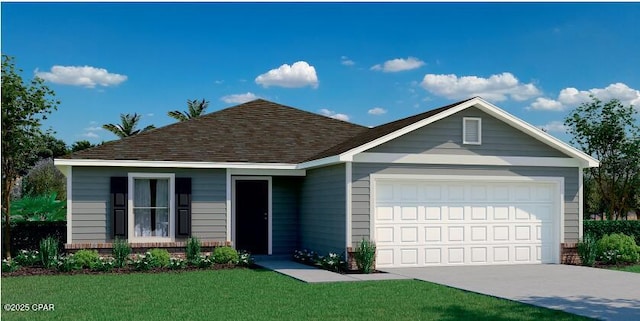 440 Salt Creek Ln Unit 28, Mexico Beach, FL 32456 - single story home with an attached garage, a shingled roof, concrete driveway, a front yard, and brick siding