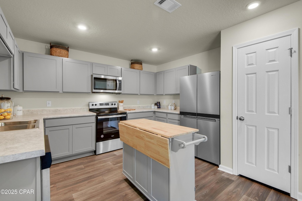 440 Salt Creek Ln Unit 28, Mexico Beach, FL 32456 - kitchen featuring appliances with stainless steel finishes, gray cabinets, a sink, wood finished floors, and recessed lighting