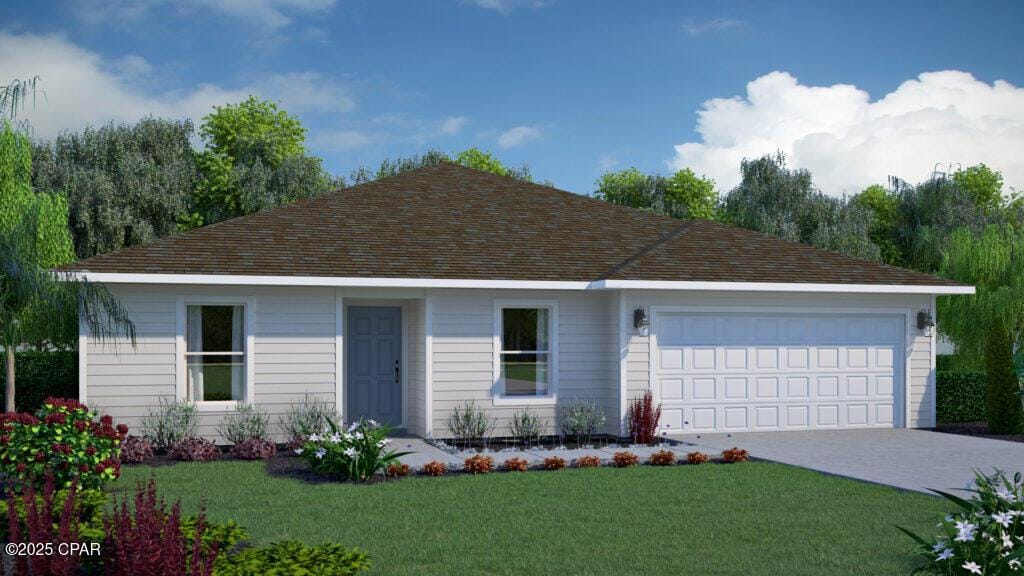 ranch-style house featuring a garage, driveway, a shingled roof, and a front lawn