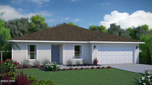 ranch-style house featuring a garage, driveway, a shingled roof, and a front lawn