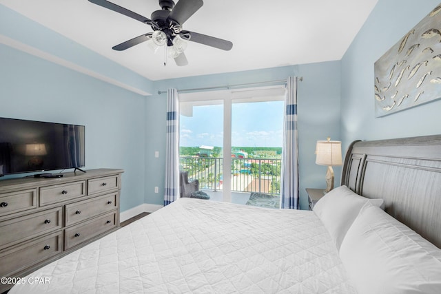 bedroom featuring baseboards, a ceiling fan, and access to outside