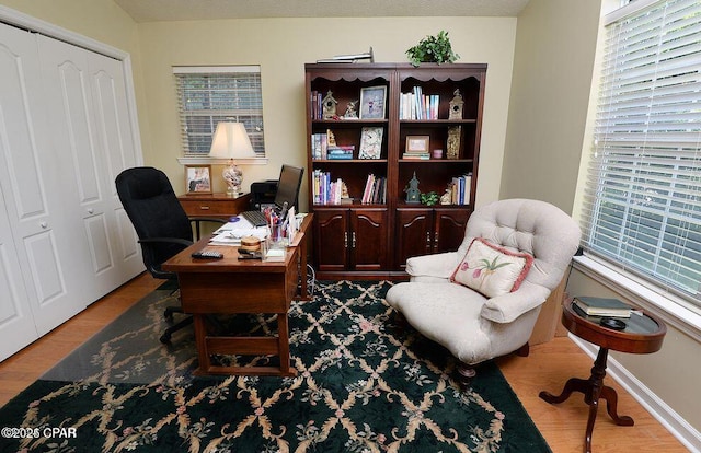 office space with baseboards and wood finished floors