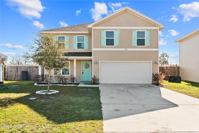 view of front of house with a front lawn, driveway, fence, a shingled roof, and a garage