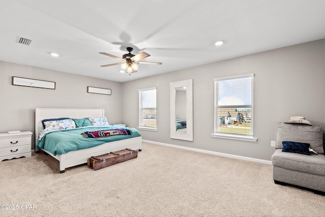 bedroom featuring visible vents, baseboards, ceiling fan, carpet flooring, and recessed lighting