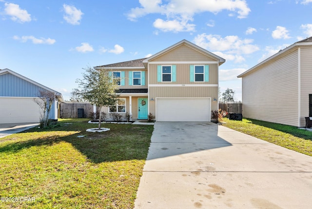 traditional-style home featuring a garage, concrete driveway, a front lawn, and fence