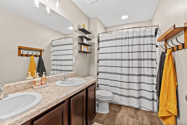 bathroom featuring a sink, toilet, wood finished floors, and double vanity