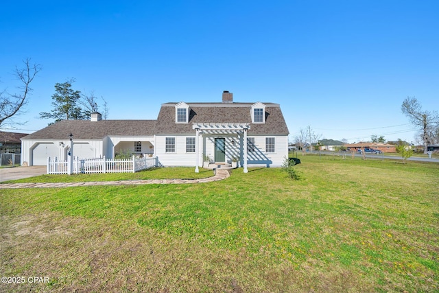 dutch colonial featuring fence, a front yard, roof with shingles, a chimney, and a pergola