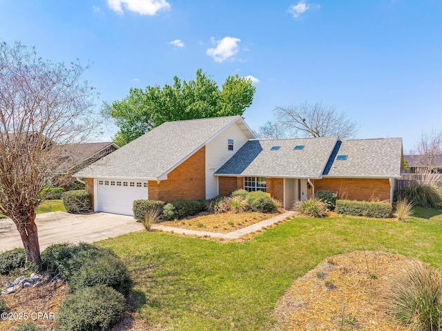 view of front of house featuring brick siding, a front lawn, concrete driveway, roof with shingles, and a garage