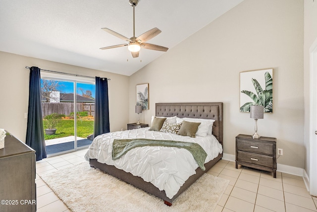 bedroom featuring ceiling fan, light tile patterned floors, baseboards, access to exterior, and vaulted ceiling