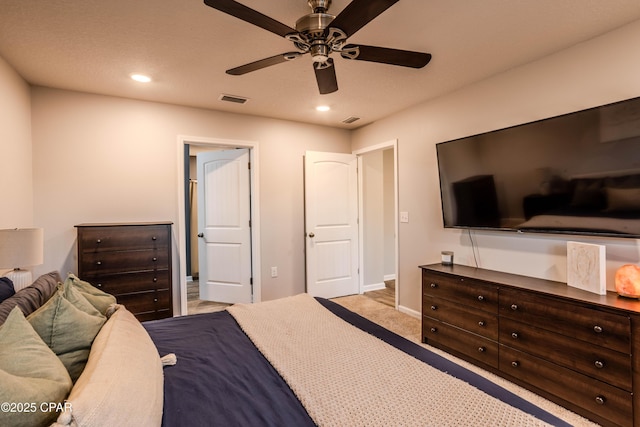 bedroom featuring visible vents, recessed lighting, carpet flooring, and baseboards