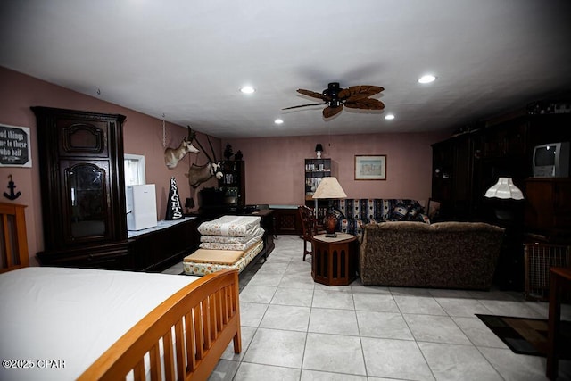 bedroom featuring light tile patterned floors, recessed lighting, and ceiling fan