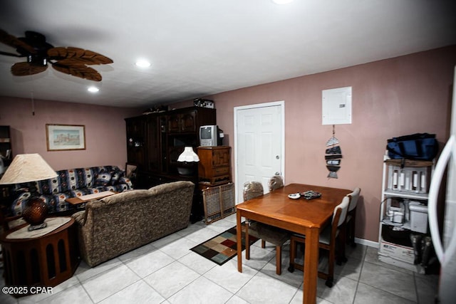 dining space with light tile patterned flooring, recessed lighting, baseboards, and a ceiling fan