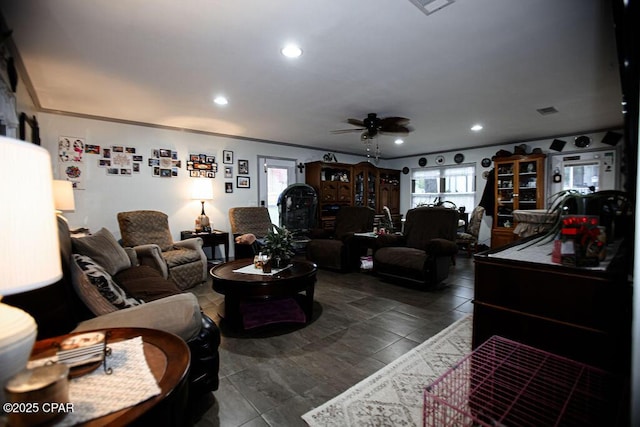 living room with recessed lighting, ceiling fan, and crown molding