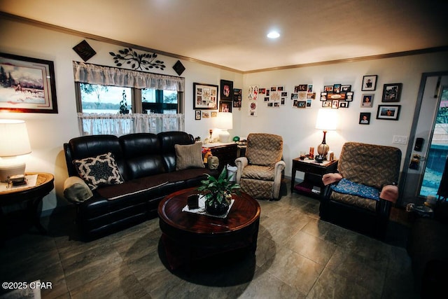 living room with recessed lighting and crown molding