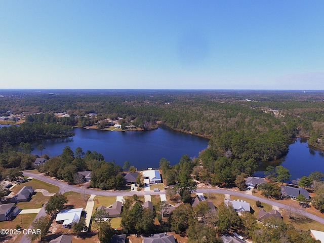 bird's eye view with a view of trees and a water view