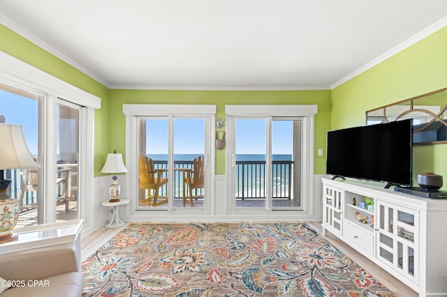 living area featuring wood finished floors, wainscoting, and ornamental molding