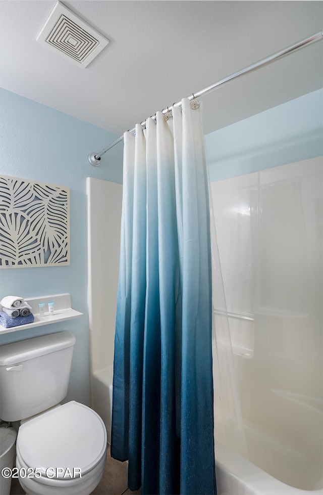 bathroom with visible vents, toilet, and shower / bathtub combination with curtain