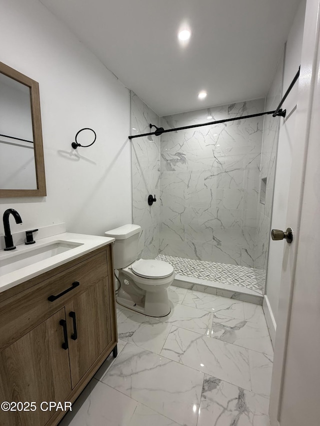 816 N E, Panama City, FL 32401 - bathroom featuring vanity, recessed lighting, a stall shower, toilet, and marble finish floor