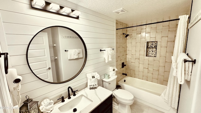 bathroom featuring visible vents, a textured ceiling, wooden walls, and shower / bath combination with curtain