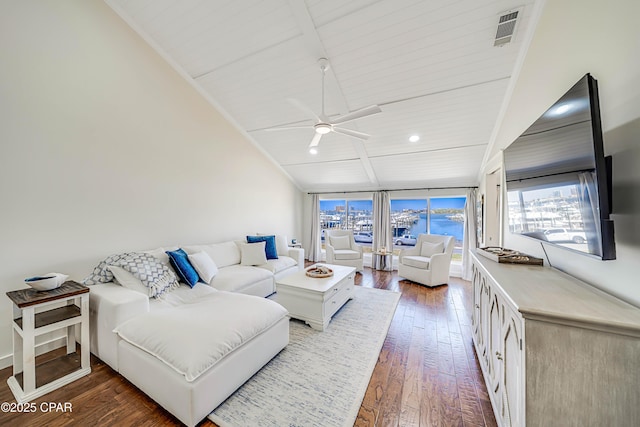 living area with visible vents, high vaulted ceiling, a ceiling fan, hardwood / wood-style floors, and wooden ceiling