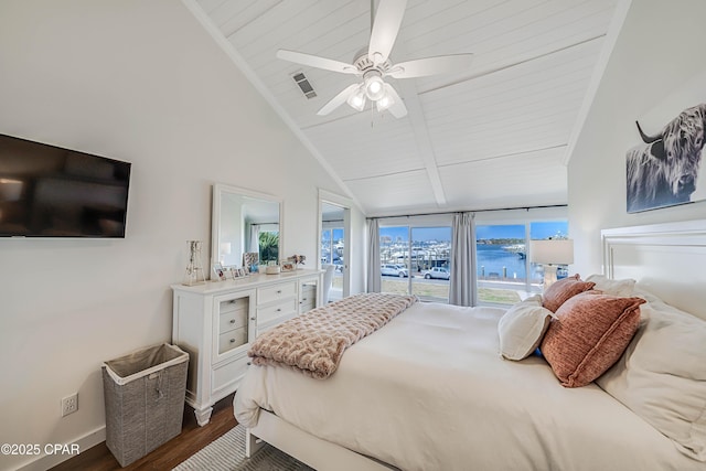 bedroom with visible vents, baseboards, ceiling fan, dark wood-style floors, and high vaulted ceiling