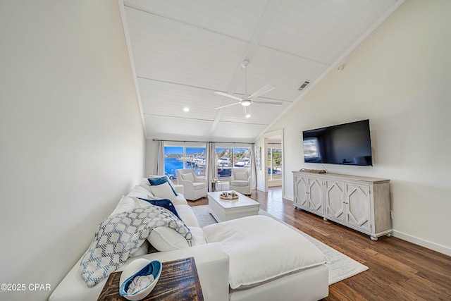 living room with visible vents, ceiling fan, baseboards, beam ceiling, and dark wood-style flooring