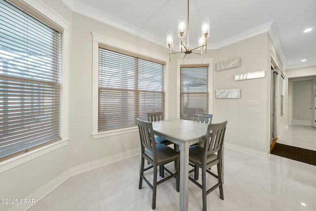 dining area featuring recessed lighting, crown molding, light tile patterned floors, baseboards, and a chandelier