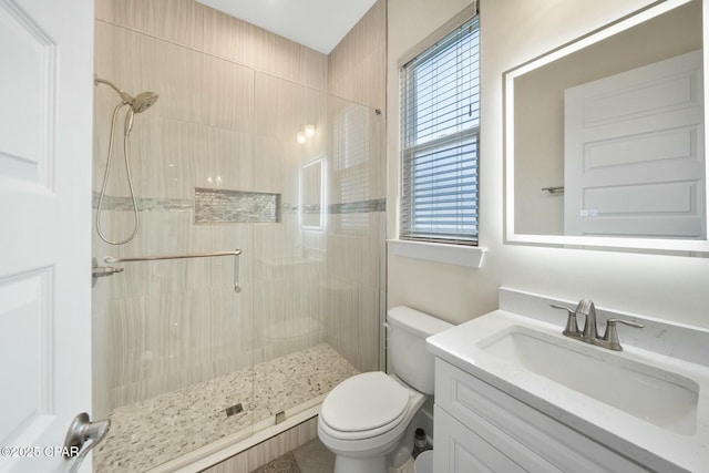 full bath featuring a shower stall, toilet, and vanity