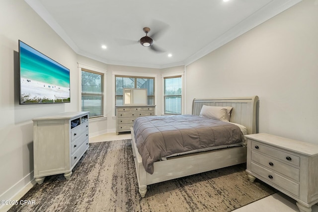 bedroom with recessed lighting, baseboards, a ceiling fan, and crown molding