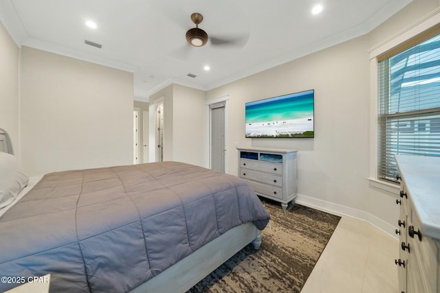 bedroom featuring visible vents, recessed lighting, crown molding, and baseboards