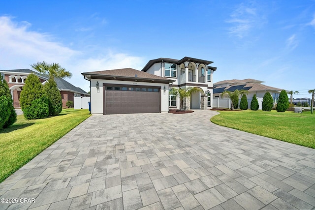 view of front of home featuring a front lawn, fence, decorative driveway, a balcony, and an attached garage