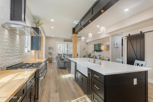 kitchen featuring open floor plan, a barn door, decorative backsplash, light wood-style flooring, and stainless steel appliances