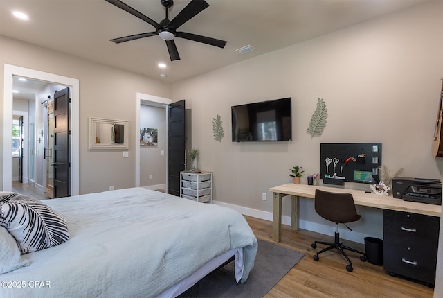 bedroom with visible vents, recessed lighting, baseboards, and light wood-style floors