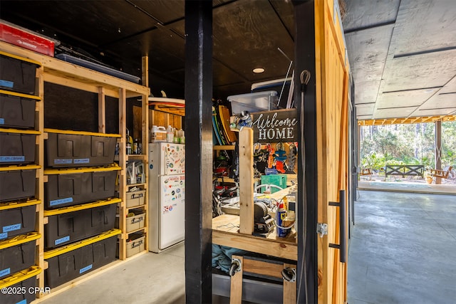 interior space with freestanding refrigerator