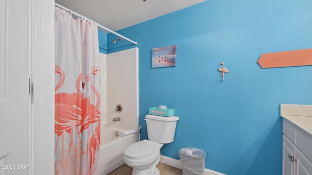 full bath with baseboards, toilet, shower / tub combo, tile patterned floors, and vanity