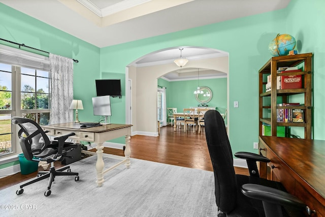 116 Lake Merial Blvd, Panama City, FL 32409 - office space featuring crown molding, wood finished floors, arched walkways, a raised ceiling, and baseboards