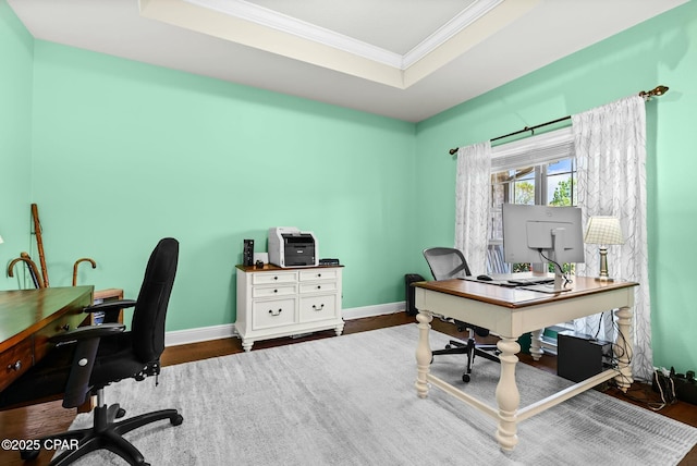 116 Lake Merial Blvd, Panama City, FL 32409 - office with a tray ceiling, crown molding, baseboards, and wood finished floors