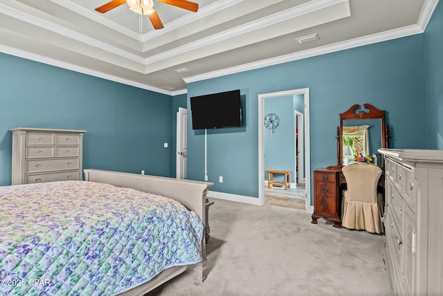 116 Lake Merial Blvd, Panama City, FL 32409 - bedroom featuring light carpet, a tray ceiling, ornamental molding, baseboards, and a ceiling fan