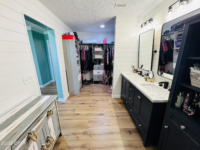 7224 Resota Ln, Panama City, FL 32409 - bathroom with wooden walls, a spacious closet, a sink, and wood finished floors