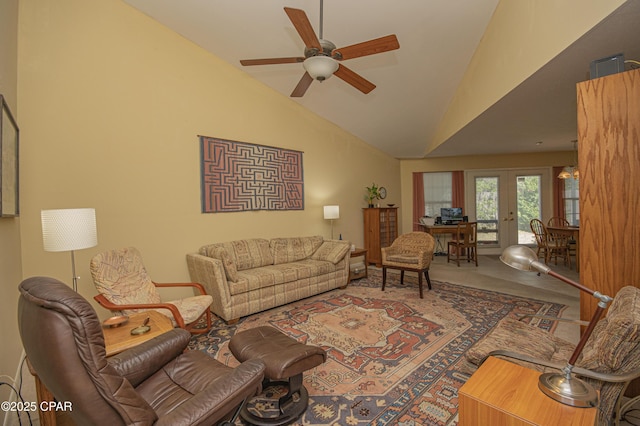 2026 Baker Ct Unit 13, Panama City, FL 32401 - living area with french doors, carpet, a ceiling fan, and vaulted ceiling