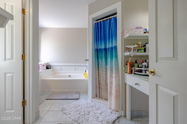 107 Summerwood Dr, Panama City Beach, FL 32413 - bathroom with a garden tub, tile patterned flooring, and a shower with shower curtain