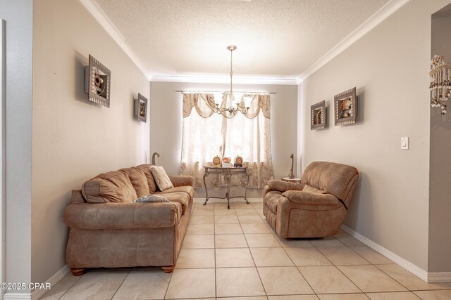 107 Summerwood Dr, Panama City Beach, FL 32413 - living room featuring crown molding, a chandelier, light tile patterned flooring, a textured ceiling, and baseboards