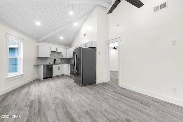 5408 Lagoon Way Unit 5, Panama City, FL 32408 - kitchen with visible vents, beam ceiling, appliances with stainless steel finishes, and decorative backsplash