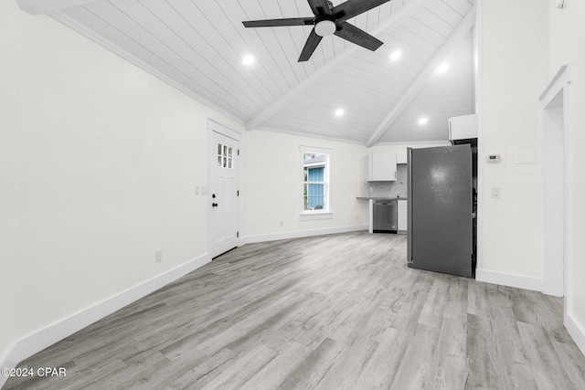 5408 Lagoon Way Unit 5, Panama City, FL 32408 - unfurnished living room featuring lofted ceiling with beams, baseboards, ceiling fan, and light wood finished floors