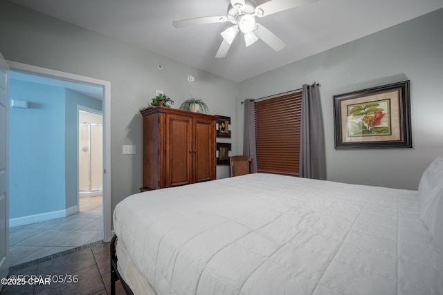 16819 Front Beach Rd Unit 716, Panama City Beach, FL 32413 - bedroom with vaulted ceiling, ceiling fan, baseboards, and tile patterned floors